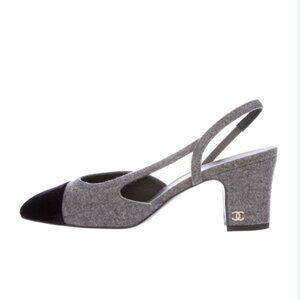 Chanel Flannel Cap Toe Slingback Pumps heels velvet shoes 37.5